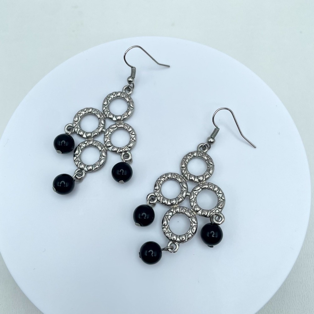 Y2K Bohemian Silver-Tone Black Onyx Beads Dangle Chandelier French Hook Earrings